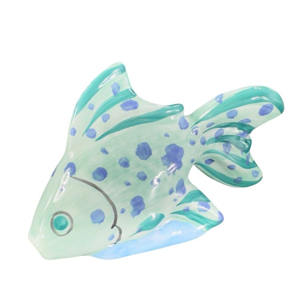 Present Tense Hand Painted Fish Figurine Figure Blue Green Pottery Ceramic Fish